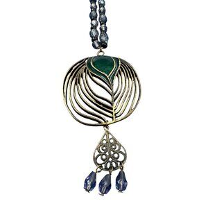Vtg Brass Peacock Feather Design Pendant Charm Lucite Beaded Necklace